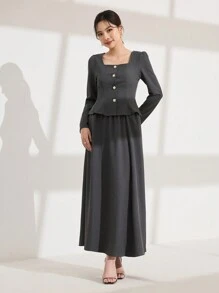 Modelyn 2件套 2025 春季新款奢华泡泡袖衬衫和中长裙套装，时尚修身 - 灰色 - 查看 5