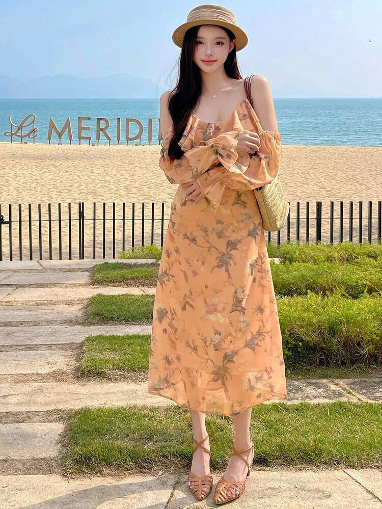 Women's Long Ditsy Floral Chiffon Ruffle Hem Spaghetti Strap Dress, Beach Vacation Style, Fall Dress Long Sleeve Dress Boho