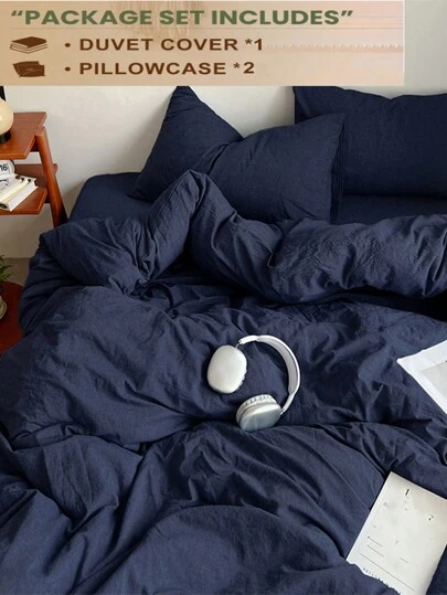 3pcs/Set Dark Blue Dormitory & Bedroom Bedding Set, 1pc Quilt Cover, 2pcs Pillow Covers, Machine Washable, No Filling