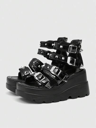 Grunge Punk Sandalias negras de PU retro con hebilla metálica, diseño de punta abierta, plataforma gruesa y tacón de 7,5 cm, adecuadas para salidas de verano y citas