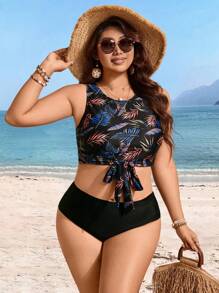 Swim Lushoire Plus Size 2 Pieces Tropical Leaf Random Print Round Neck Sleeveless Bowknot Crop Top & High Waist Solid Color Breif Tankini Set, For Summer Vacation - Black - View 3