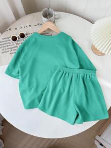 SHEIN LMoss Kids LMoss Tween 女童纯色针织圆领宽松短袖 T 恤和短裤休闲装 - 薄荷藍 - 查看 2