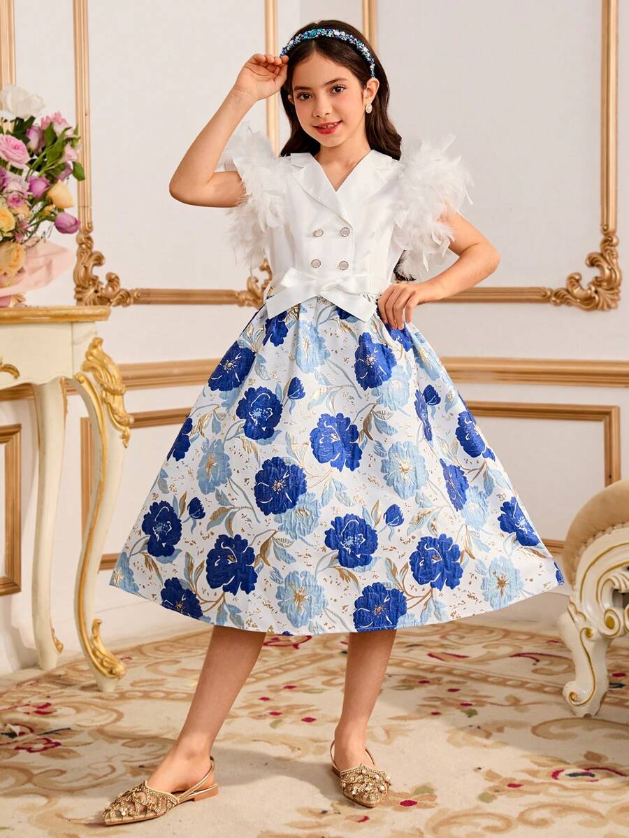 Tween Girls' Floral Jacquard Patchwork Fluffy Double-Breasted Dress - Blue - View 1