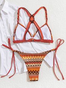 Women's Beach Vacation Bohemian Texture Halter Bikini Swimwear Set, Backless Handmade Woven Criss Cross Tank Top And Drawstring Swim Shorts, Suitable For Beach Outings For Summer Beach Vacation