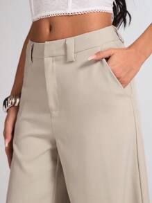 SHEIN BAE 女士杏色纯色斜纹编织纽扣口袋简约低腰长裤，适合通勤、休闲、时尚外出、复古风格、办公室穿着 - 杏色 - 查看 4