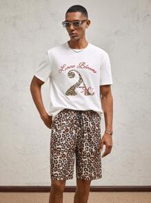 AKNOTIC Party 2pcs/Set Knitted Print Loose Casual Round Neck Short Sleeve T-Shirt & Mid-Waist Straight Leg Casual Shorts Set, Suitable For Daily Wear In Summer