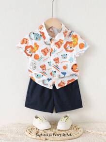 Cozy Pixies 2pcs Baby Boy Cartoon Animal Print Polo Collar Short Sleeve Cardigan & Elastic Waist Shorts Set - Multicolor - View 1