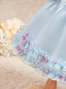 SHEIN Summer Elegant Cute Blue Satin Baby Girl Dress, Flower Girl Dress - Blue - View 3