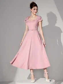 Poshira Váy chữ A xẻ eo ve dài thanh lịch dành cho nữ màu hồng - Hồng - Xem 3