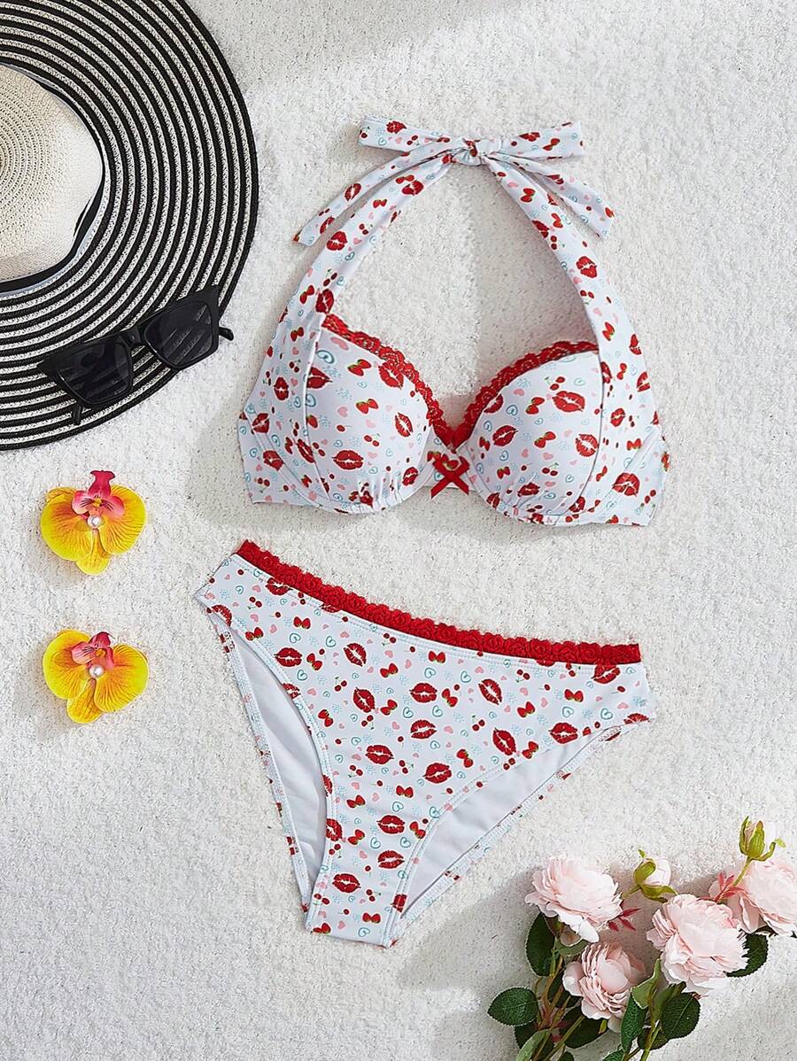 SHEIN MOD Cherry Lip Print Halter Tied Bikini Set, Swimwear Set, Sexy, Sexy Bikini, Cherry Graphic Swimwear, Beach Vacation For Summer Beach Vacation - Pink - View 1
