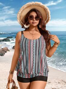 Swim Lushoire Ensemble 2 pièces grande taille pour femme avec imprimé géométrique abstrait rétro, débardeur court noir à bretelles et short, bikini élégant et casual à encolure bâtarde