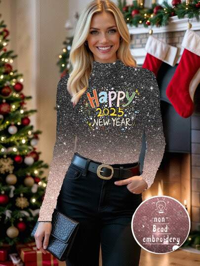 Glamance GIOIA TANG Women Black T-Shirts Long Sleeve Round Neck Casual All Over Print,Letter,Ombre,Plain,Striped Summer Outfits For Women Graphic Tee For Women Going Out