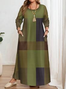 EMERY ROSE 大码休闲简约全印花长袖圆领连衣裙，适合秋冬季