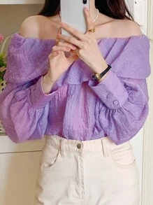 DAZY Women's Tender Purple Turndown Collar Off Shoulder Casual Pullover Blouse, Suitable For Spring, Summer, Autumn,Fall Women Clothes Long Sleeve Top - Lilac Purple - View 4