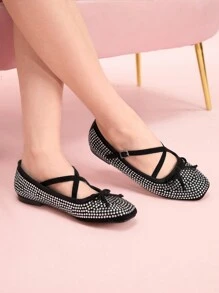 CUCCOO DOLLMOD Modische schwarze Ballerinas mit vollständiger Kristallverzierung, süß und niedlich für Schüler - Schwarz - Übersicht 1