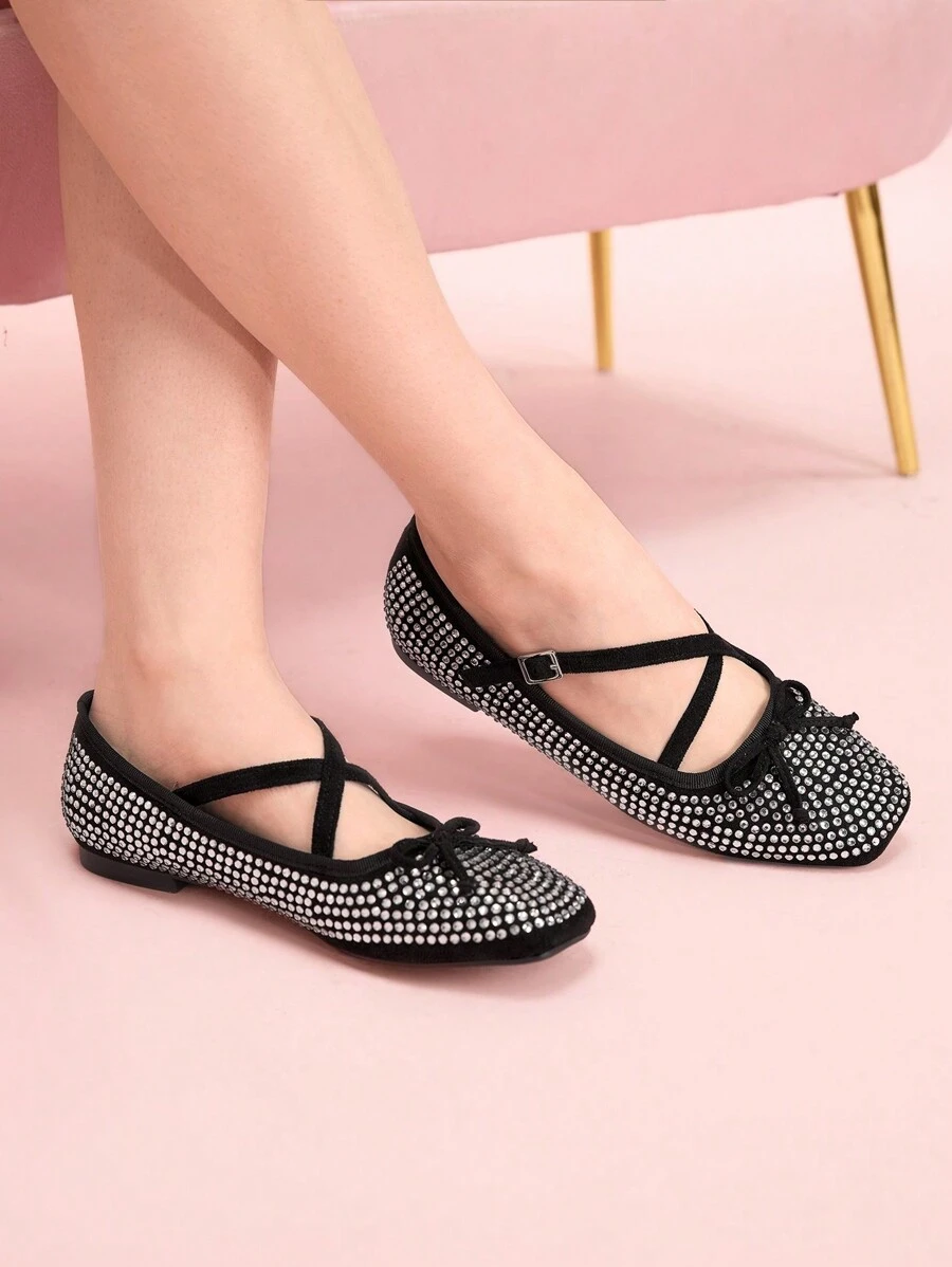 CUCCOO DOLLMOD Modische schwarze Ballerinas mit vollständiger Kristallverzierung, süß und niedlich für Schüler - Schwarz - Übersicht 1