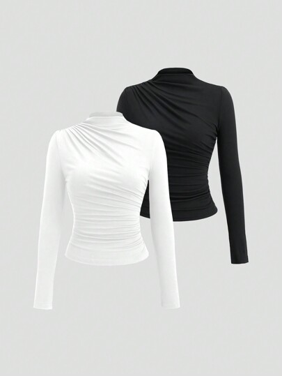 Sweetra Camiseta feminina simples minimalista casual Y2K sexy gola simulada franzida manga comprida