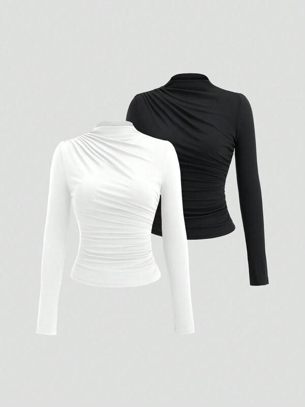 Sweetra Women's Plain Minimalist Casual Y2K Sexy Mock Neck Ruched Long Sleeve T-Shirt