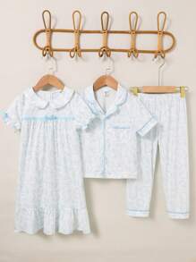 Girls Light Blue Floral Print Ribbon Bow Ruffle Hem Lapel Collar Long Nightgown Pajamas - Baby Blue - View 3