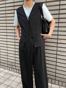 FRIFUL Mono negro para mujer, pantalón de pierna recta con cuello en V y sin mangas, monos de primavera para mujer