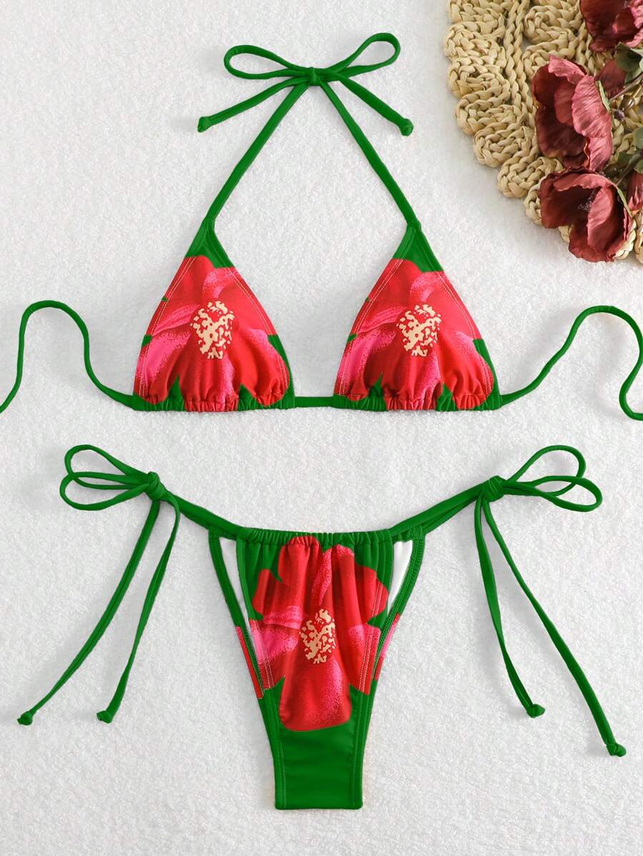 SHEIN Swim 带吊带上衣和内裤的独立泳衣，简单时尚，休闲，适合夏季海滩度假的日常穿着 - 彩色 - 查看 1