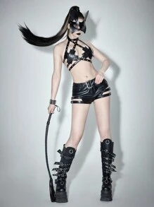 ROMWE Grunge Punk Áo hai dây cổ yếm bằng da PU đính chữ thập gợi cảm cho nữ - màu đen - Xem 2