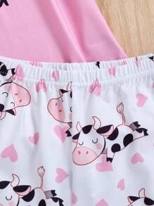 2 件套可爱奶牛和心形印花睡衣套装，适合女孩、母女搭配 - 彩色 - 查看 8