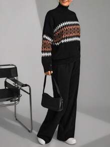 SHEIN Cottnline Women's Geometric Pattern High Neck Sweater 2pcs/Set - Multicolor - View 4