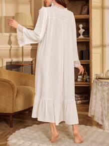 Camisón de maternidad holgado de manga larga con parches de encaje bordado y 2 botones - Blanco - Ver 2