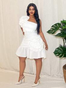 Plus Size Women's Elegant Sleeveless One Shoulder Ruffle Patchwork Textured Mini Dress, Suitable For Party, Date, Valentine's Day, Vacation - White - View 3