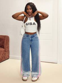 SHEIN Slayr Jeans rectos de pierna suelta con estilo casual y estadounidense para mujeres - Azul lavado medio - Ver 5