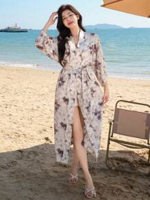 DAZY Kimono ampio a fantasia floreale da donna, copricostume, abbigliamento da resort, adatto per vacanze estive al mare - Multicolore - Visualizzare 3