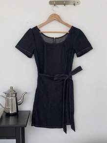 DAZY Vestido corto de mezclilla con cuello cuadrado y mangas cortas, vestido de sol