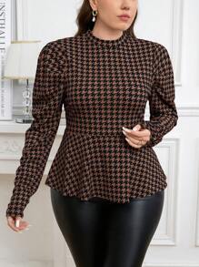Reflora Women's Plus Size Houndstooth Print Long Sleeve Ruffle Hem Casual T-Shirt - Brown - View 6