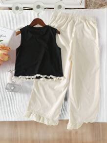 少女可爱圆领无袖3D蝴蝶结刺绣花卉蕾丝上衣搭配松紧腰花卉拼接阔腿裤套装，夏季 - 黑色 - 查看 2