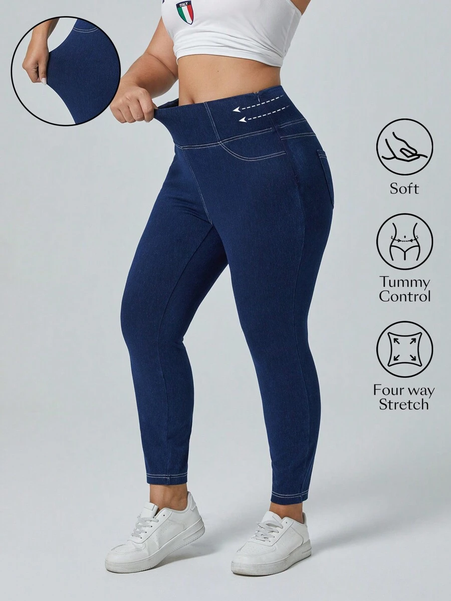 Flexra 大码休闲破洞宽松弹力针织紧身牛仔裤 - 藍色 - 查看 1