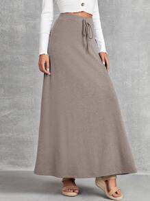 EMERY ROSE Women Solid Color Tie-Waist Long Casual Skirt - Khaki - View 5