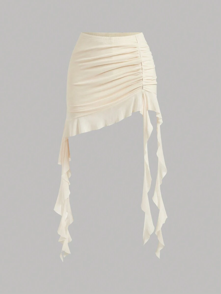 Sweetina Spring Ruched Ruffle Trim Ruffle Hem Mesh Black Skirt - Beige - View 1