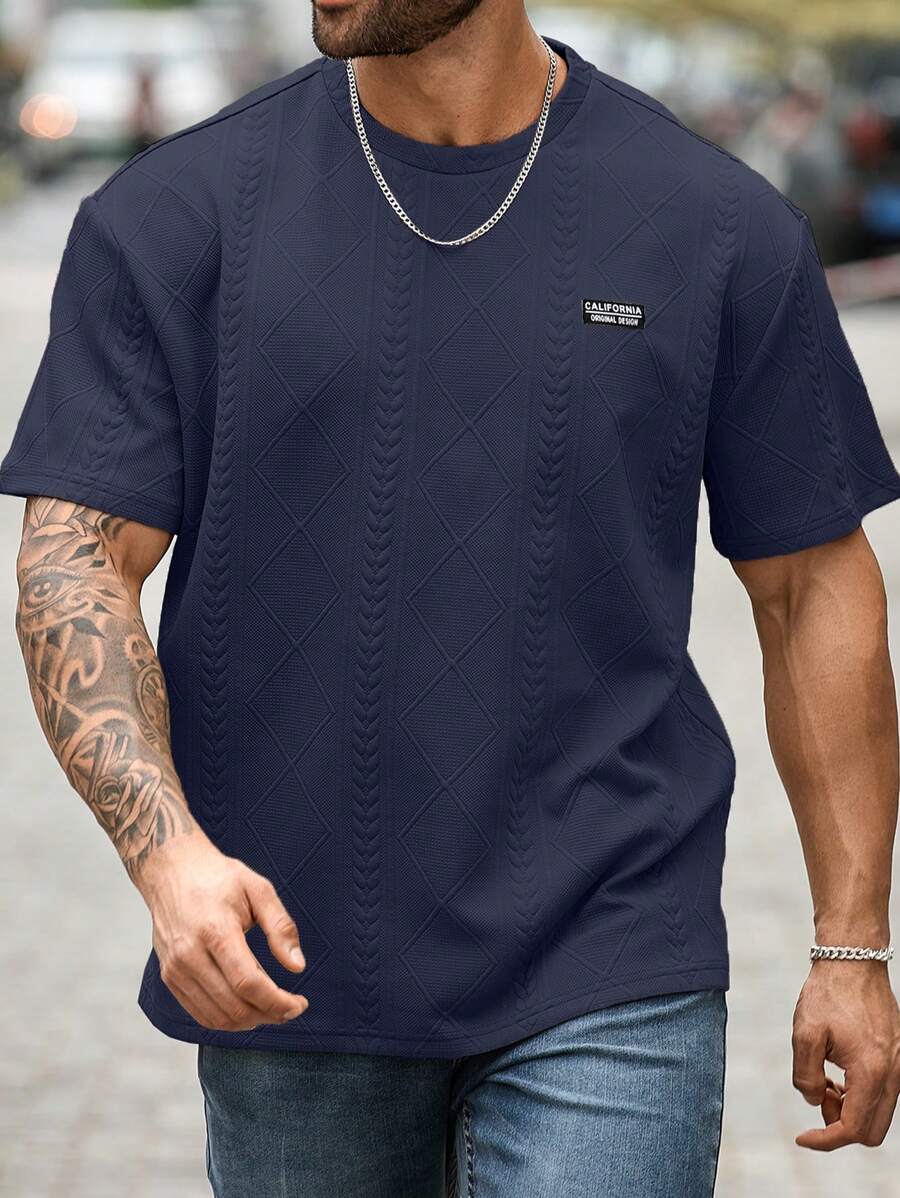 Manfinity Homme 大码男式字母图案短袖休闲 T 恤 - 藏蓝色 - 查看 1