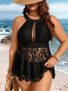 Swim Lushoire Plus Size Women Solid Color Lace Halter Two-Piece Modest Tankini, Backless Style Swimwear For Vacation For Summer Beach Vacation - Black - View 4