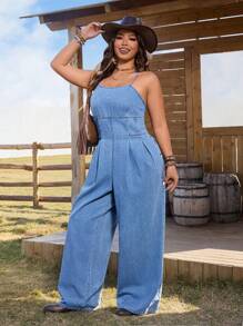 SHEIN LUNE Plus Size Denim Overall Dungarees, Western Wear For Women - Medium Wash - View 5