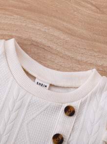 3pcs/Set Baby Girls Cute Off-White Textured Button&Ruffle Trim Round Neck Short Sleeve Top,Shorts&Diagonal Sling Bag Outfit,Summer Family Matching - Apricot - View 8