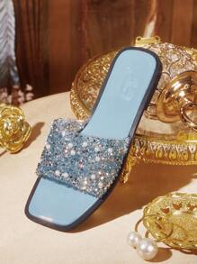 CUCCOO TILAWA New Women Outdoor Flat Sandals, Square Toe Rhinestone Silver Slippers, Casual Comfortable Party And Work Summer Shoes, Thick Sole Anti-Skid Slides Spring Shoes Spring Break Easter - Blue - View 7