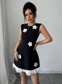 Rafferiza Vestido corto de tirantes negro y blanco ajustado, casual y versátil, con decoración floral y bajo con volantes para mujeres