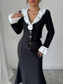 SHEIN Unity 2pcs/Set Women Contrast Color Ruffle Hem Top And Fish Tail Skirt Outfit - Black and White - View 5