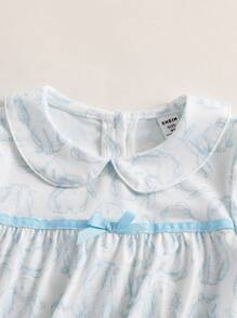 Girls Light Blue Floral Print Ribbon Bow Ruffle Hem Lapel Collar Long Nightgown Pajamas - Baby Blue - View 4
