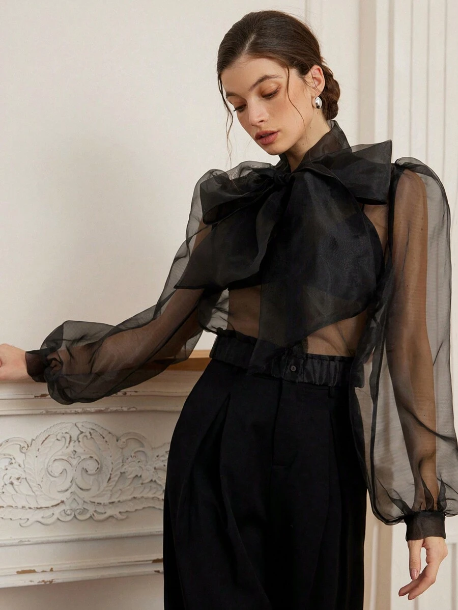 Aveloria Rosie Women's Romantic French Style Organza Sheer Sexy Tied Bow Puff Sleeve Blouse Top, Spring/Summer Fashion Fall Cloth For Women - Black - View 1