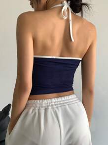 StreetHx 女士街头时尚休闲拼色洛杉矶图案 91 号细肩带背心 - 藏蓝色 - 查看 2