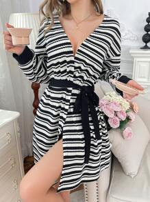 Bata de baño acanalada texturizada para mujer - Negro - Ver 1