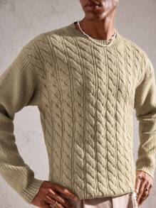 AKNOTIC Business Casual Áo len dệt kim cáp dáng rộng, cổ tròn màu mơ cho nam, thích hợp mặc hàng ngày, cho mùa thu đông - Màu be - Xem 3